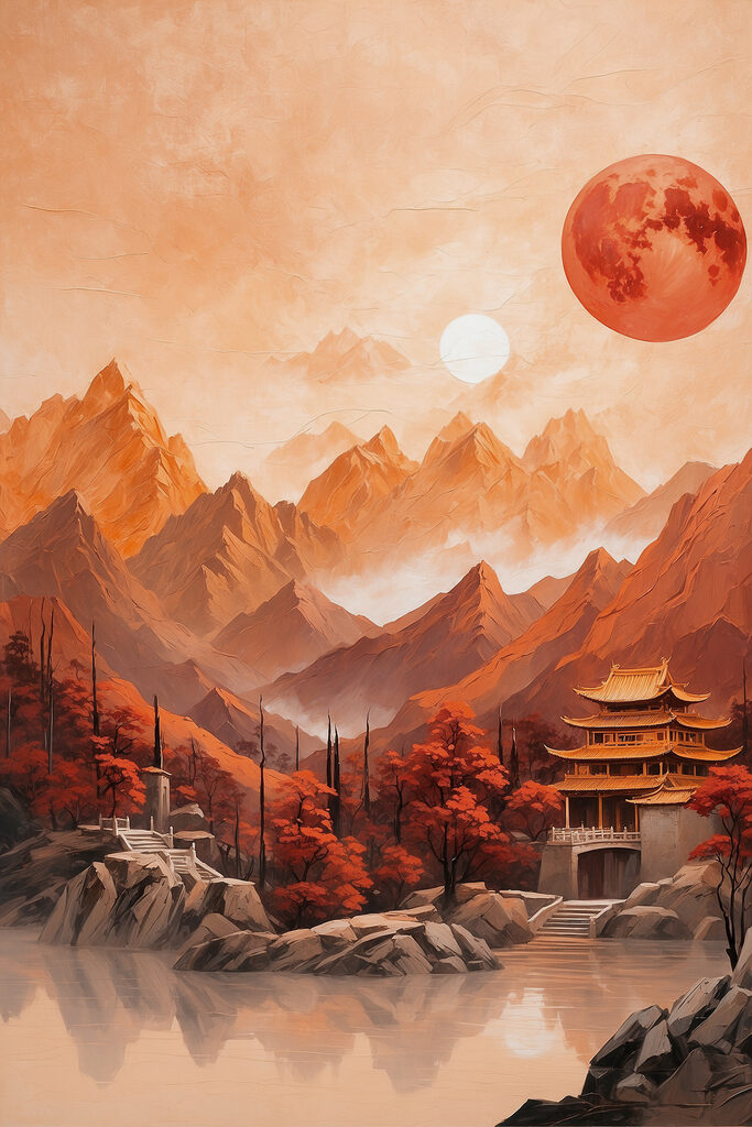 Painting of a temple in the mountains Painting of a temple in the mountains