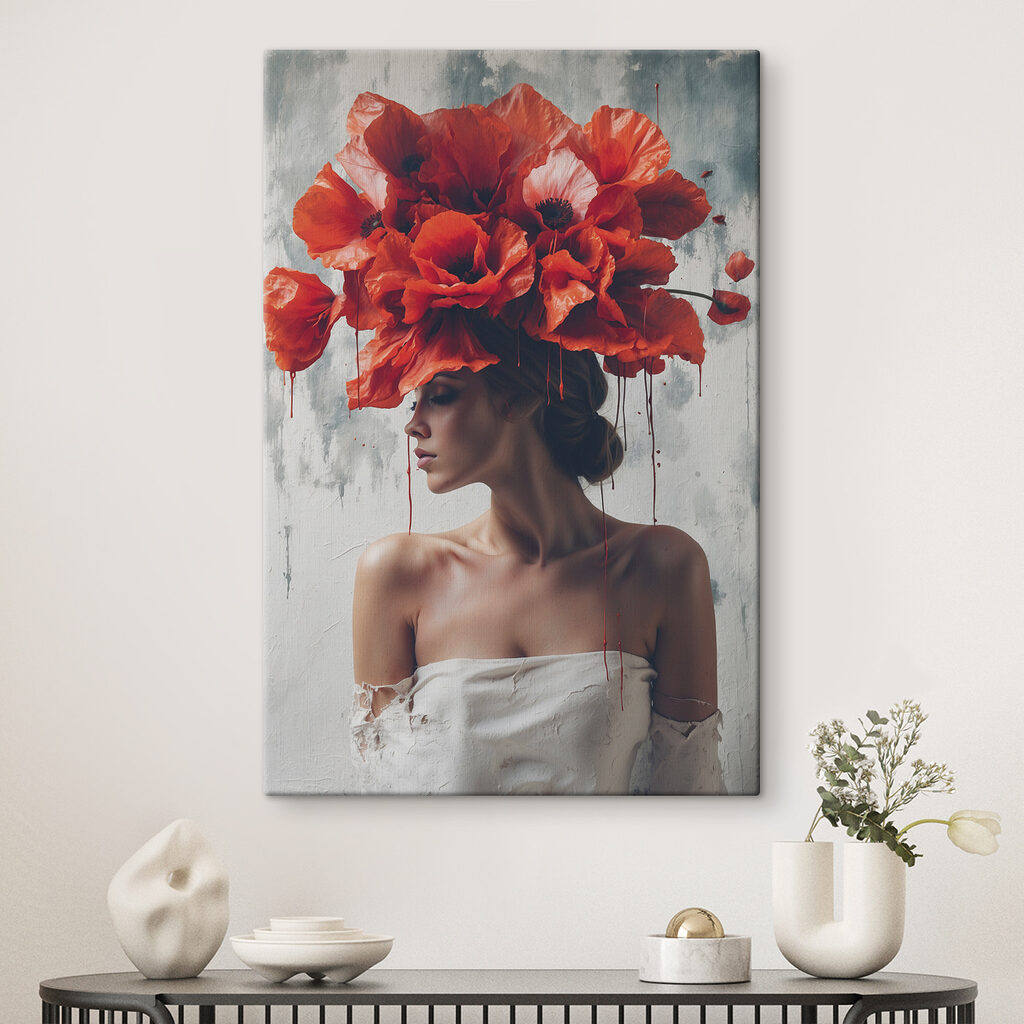 Woman with red flowers on her head