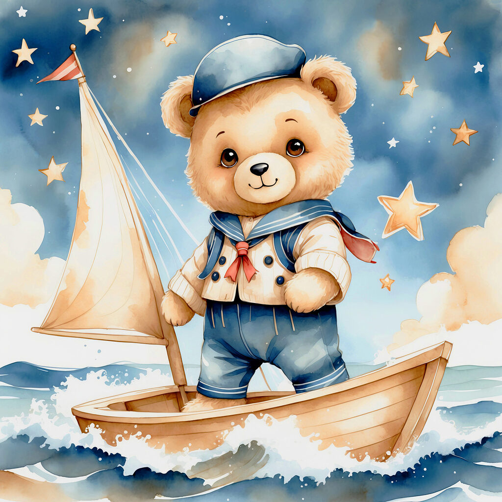 Teddy bear in a sailor outfit on a boat