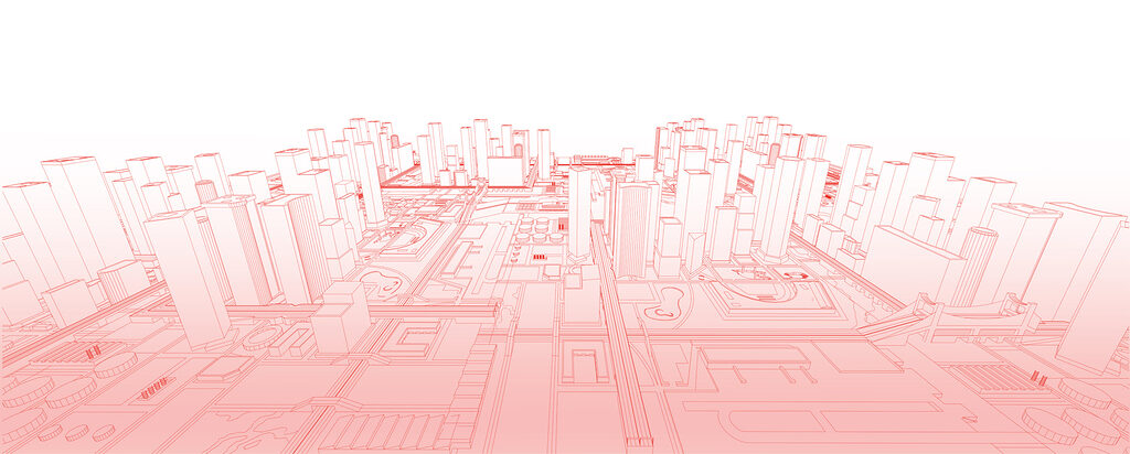Red line drawing of a city
