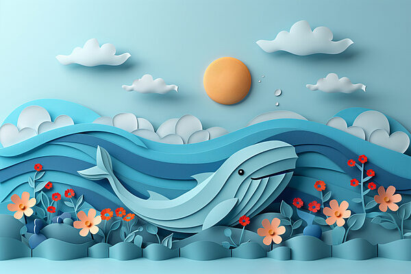 Paper cut out of a whale in the ocean Paper cut out of a whale in the ocean