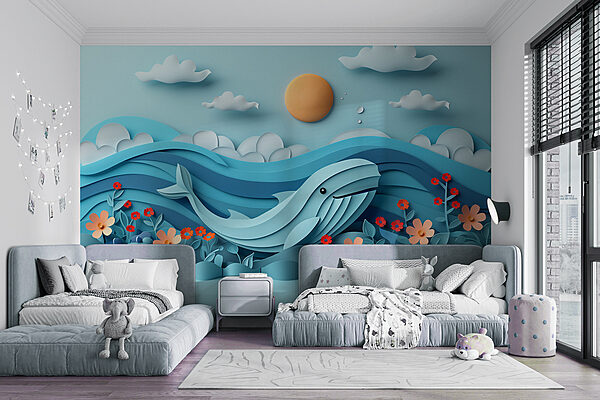 Paper cut out of a whale in the ocean Paper cut out of a whale in the ocean
