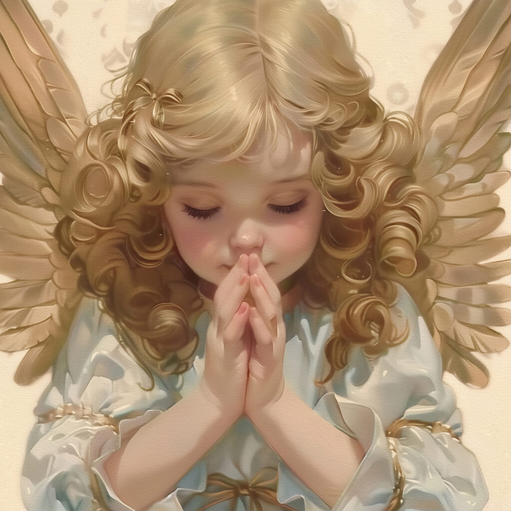 Child with blonde hair and wings praying
