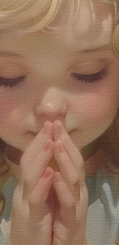 Child with blonde hair and wings praying