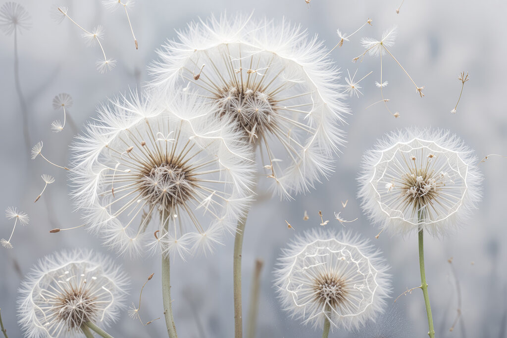 Group of dandelions with seeds flying