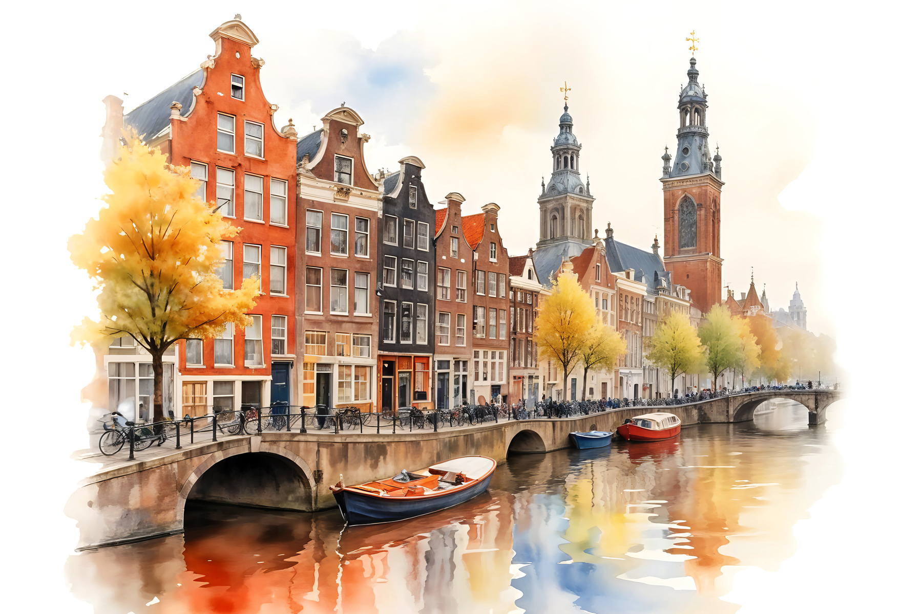 Watercolor of a canal with boats and buildings