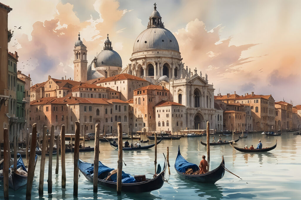 Group of gondolas in a body of water with a large building in the background