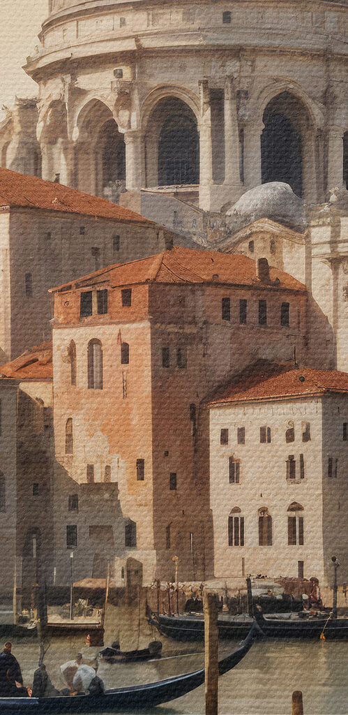 Group of gondolas in a body of water with a large building in the background