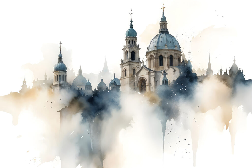Building with domes and a white sky