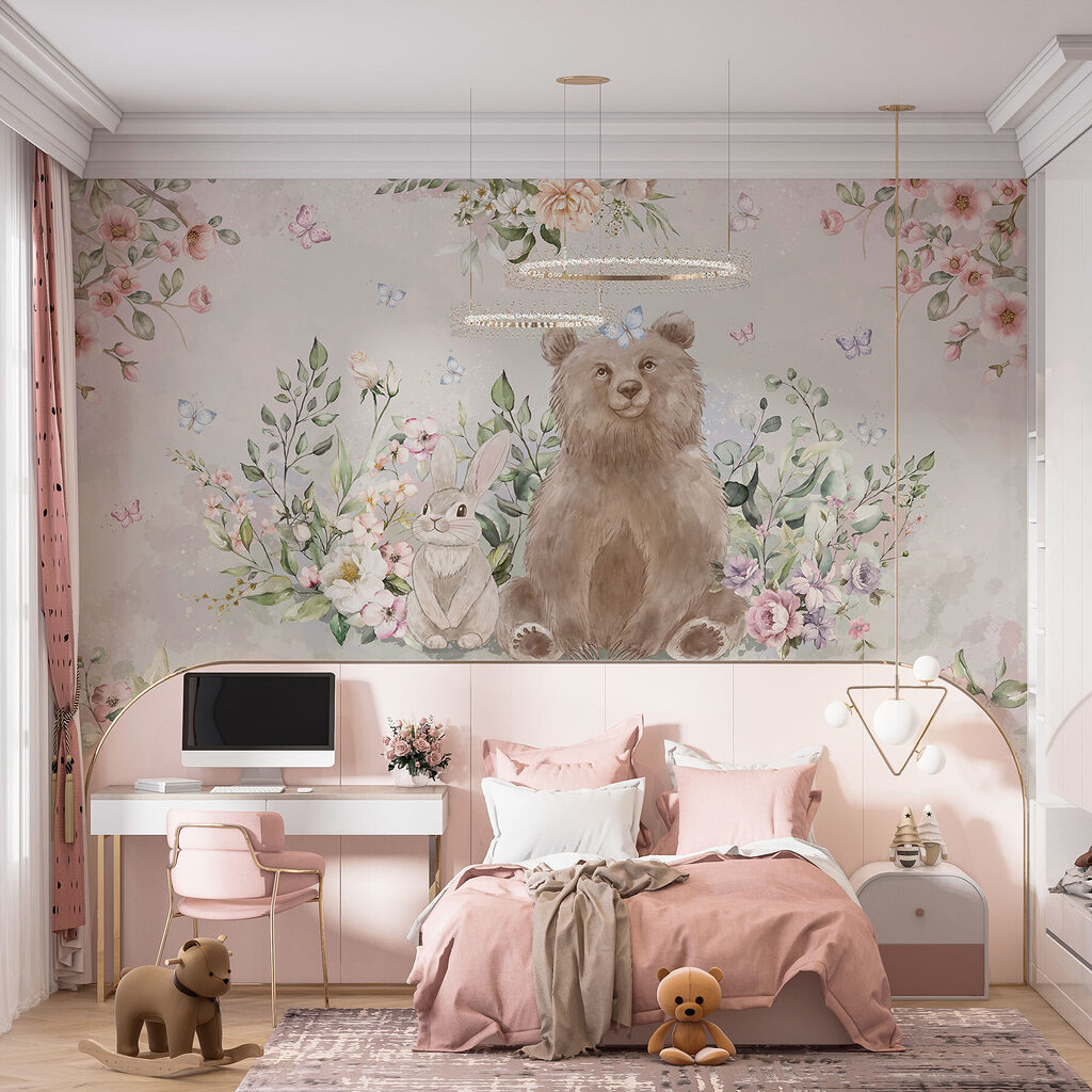 Bear and rabbit with flowers