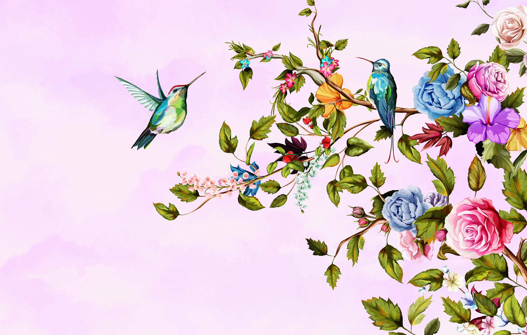 Painting of birds on a branch with flowers