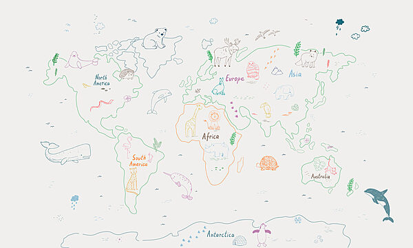 Mapa světa se zvířaty a textem Mapa světa se zvířaty a textem