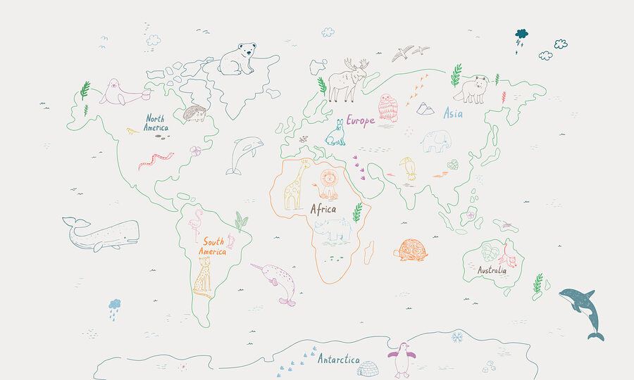 Mapa světa se zvířaty a textem