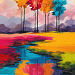 Obraz řeky protékající polem s barevnými stromy Obraz řeky protékající polem s barevnými stromy