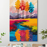 Obraz řeky protékající polem s barevnými stromy Obraz řeky protékající polem s barevnými stromy