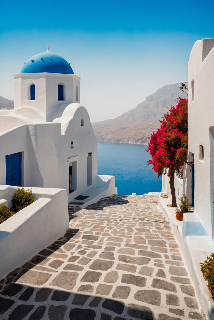 White buildings with a blue dome and a blue roof White buildings with a blue dome and a blue roof