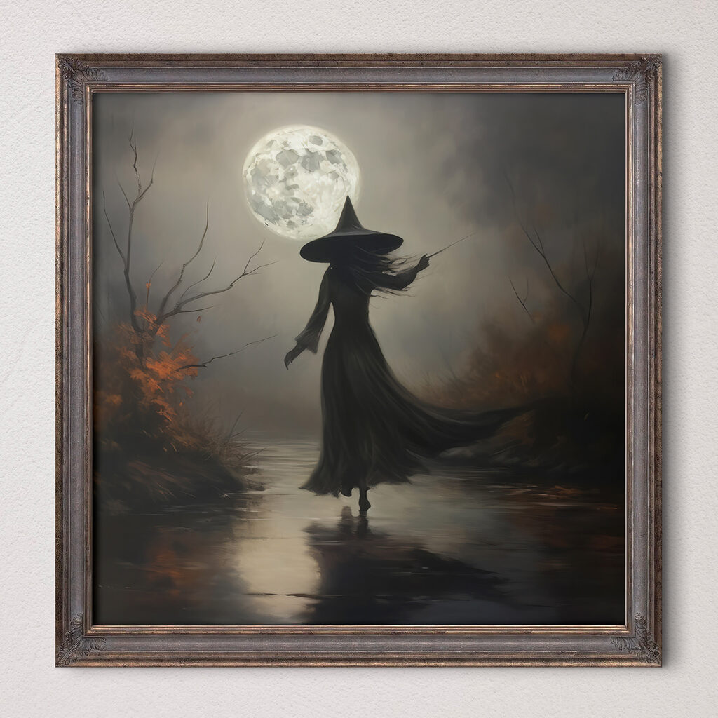 Woman in a person garment walking on a path with a full moon