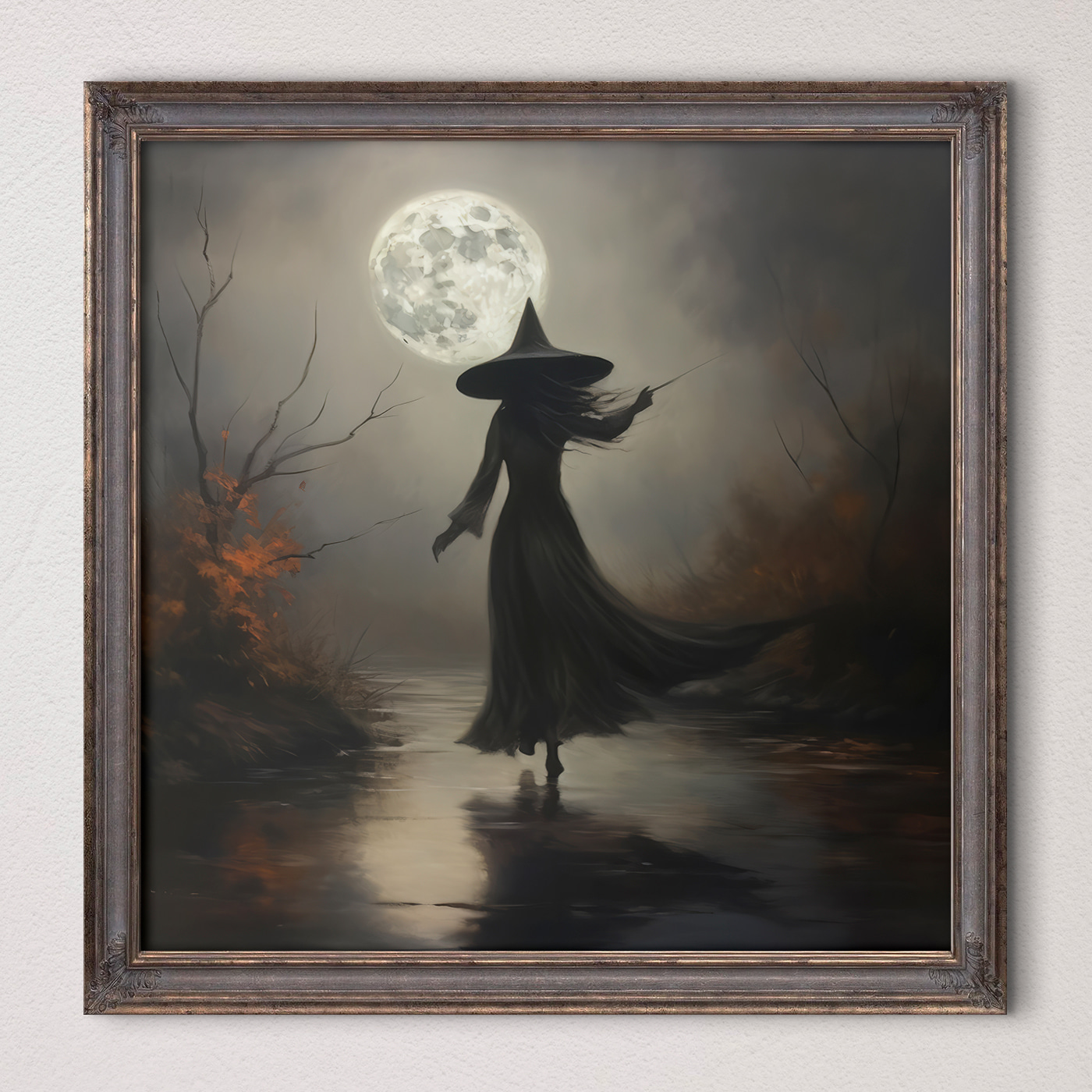 Woman in a person garment walking on a path with a full moon
