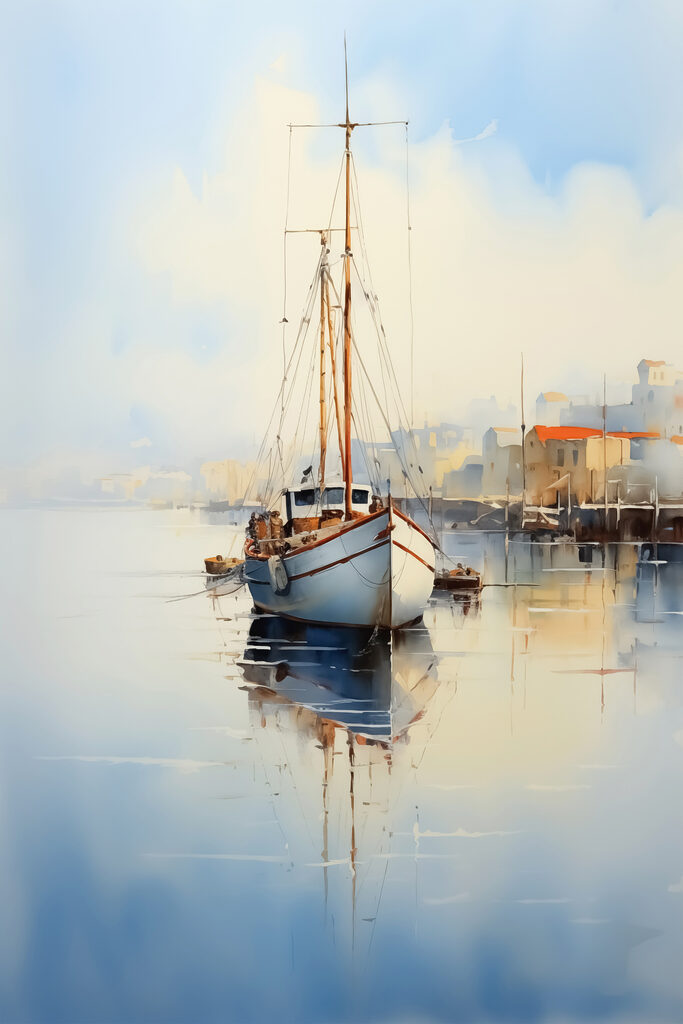 Watercolor of a boat in a harbor