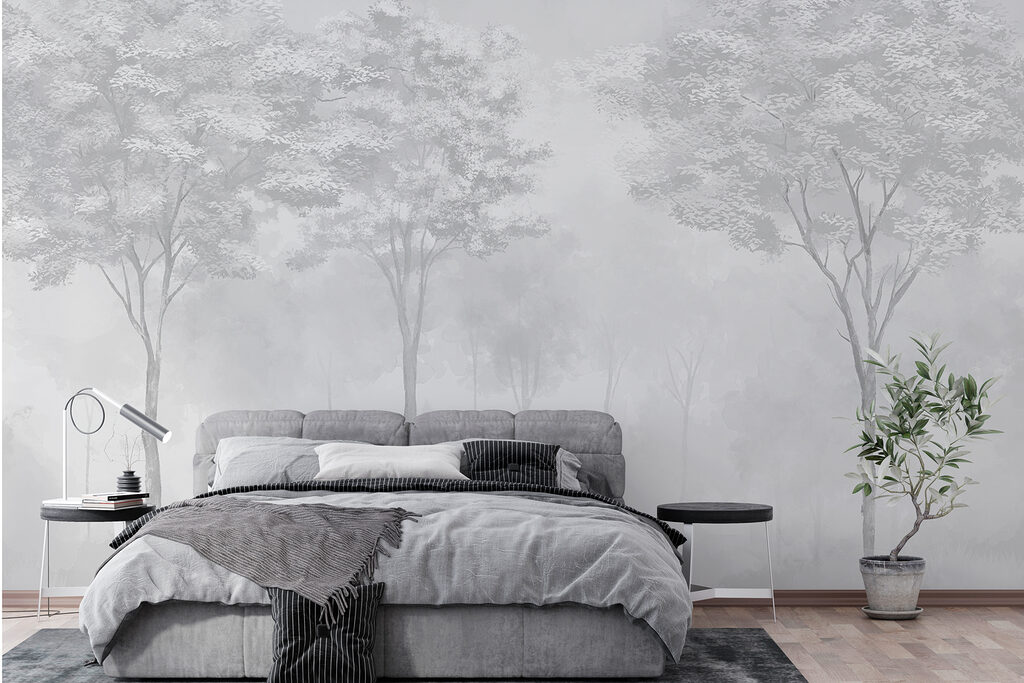 Group of trees in a foggy forest