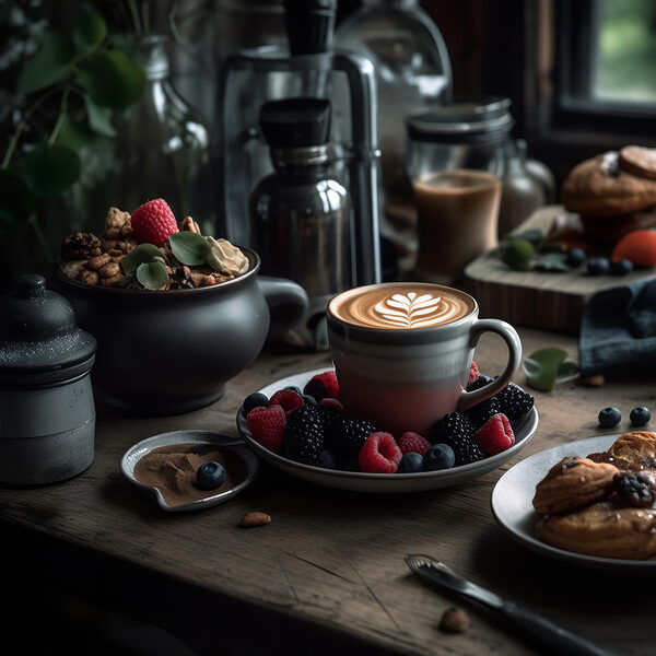 Šálek kávy s latté art na talíři s ovocem a cereáliemi Šálek kávy s latté art na talíři s ovocem a cereáliemi