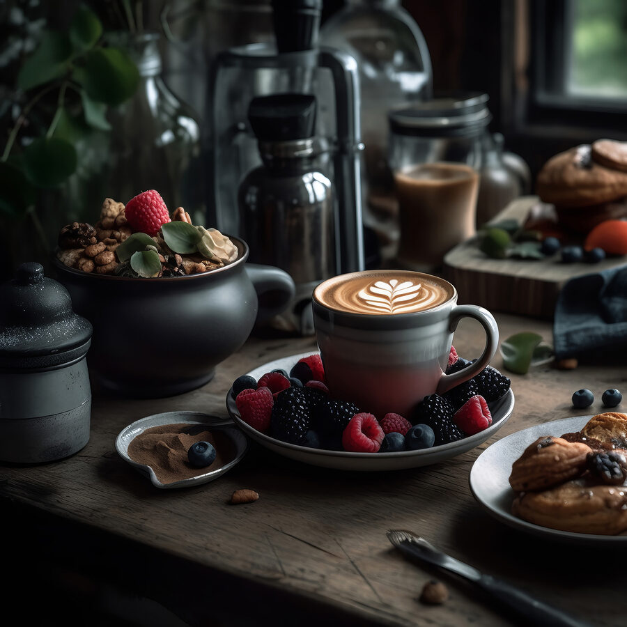 Šálek kávy s latté art na talíři s ovocem a cereáliemi