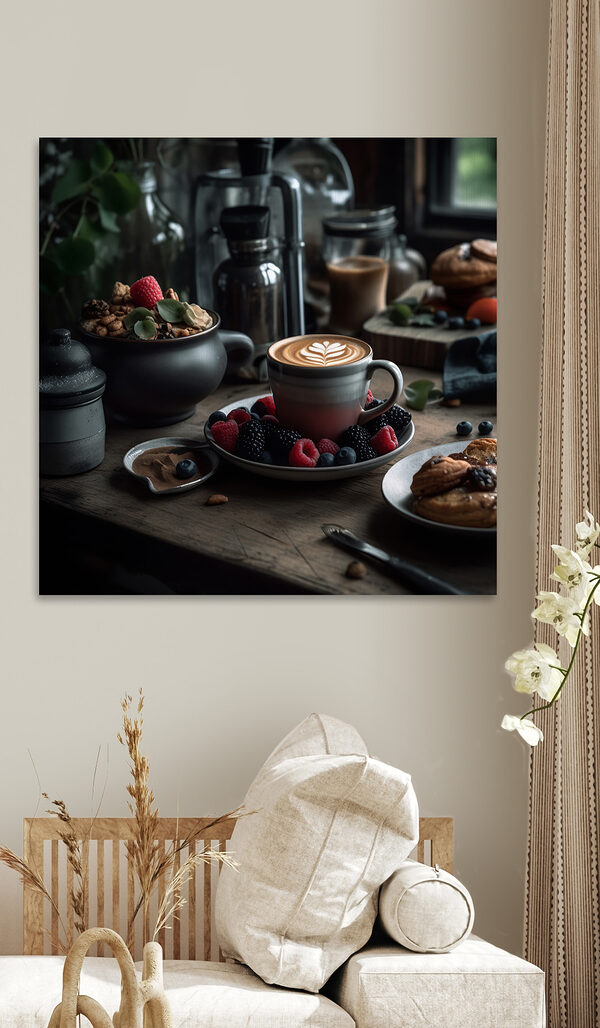 Šálek kávy s latté art na talíři s ovocem a cereáliemi Šálek kávy s latté art na talíři s ovocem a cereáliemi