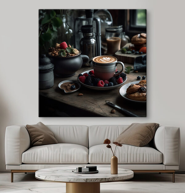 Šálek kávy s latté art na talíři s ovocem a cereáliemi Šálek kávy s latté art na talíři s ovocem a cereáliemi