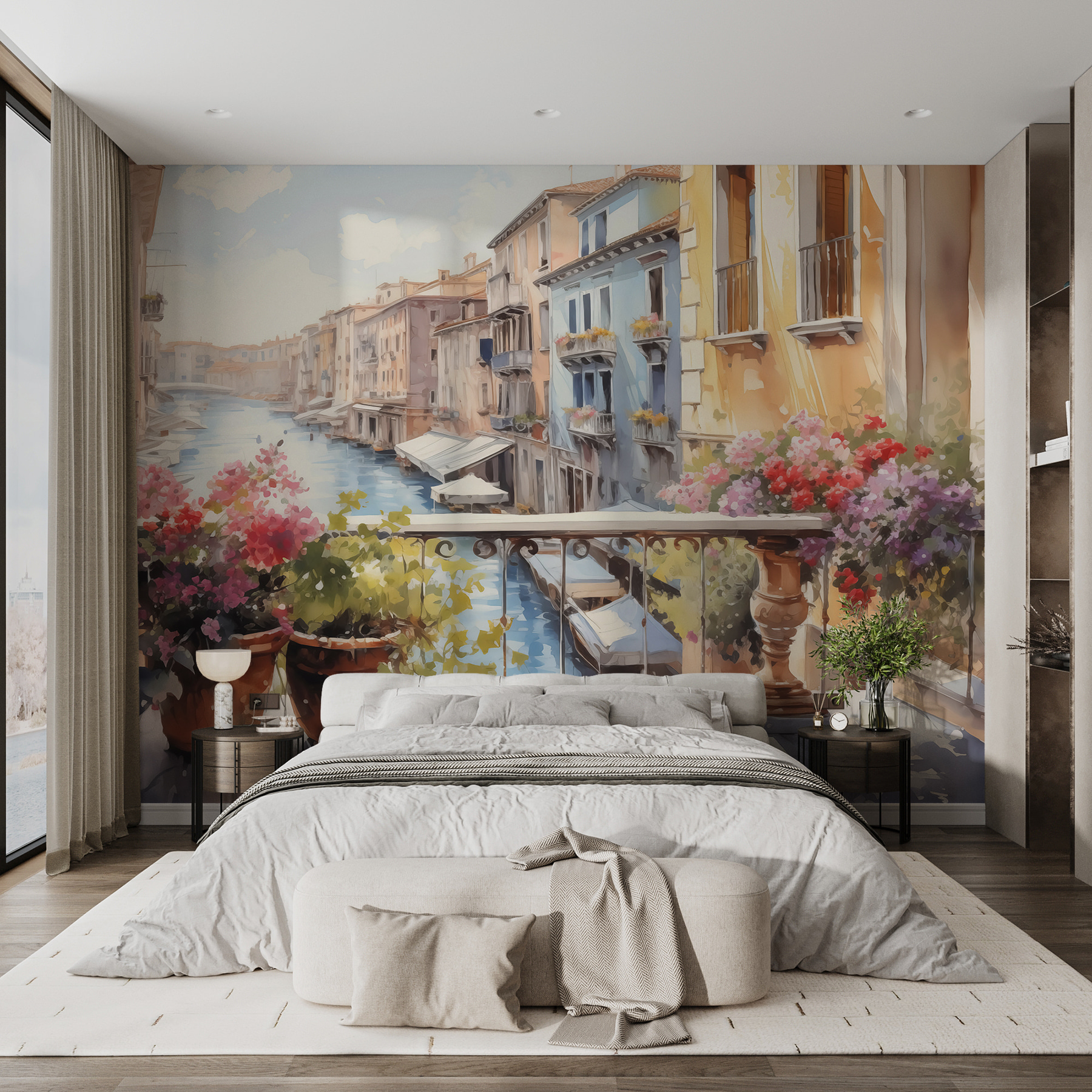 Watercolor painting of a river with a row of buildings and flowers on a balcony Watercolor painting of a river with a row of buildings and flowers on a balcony