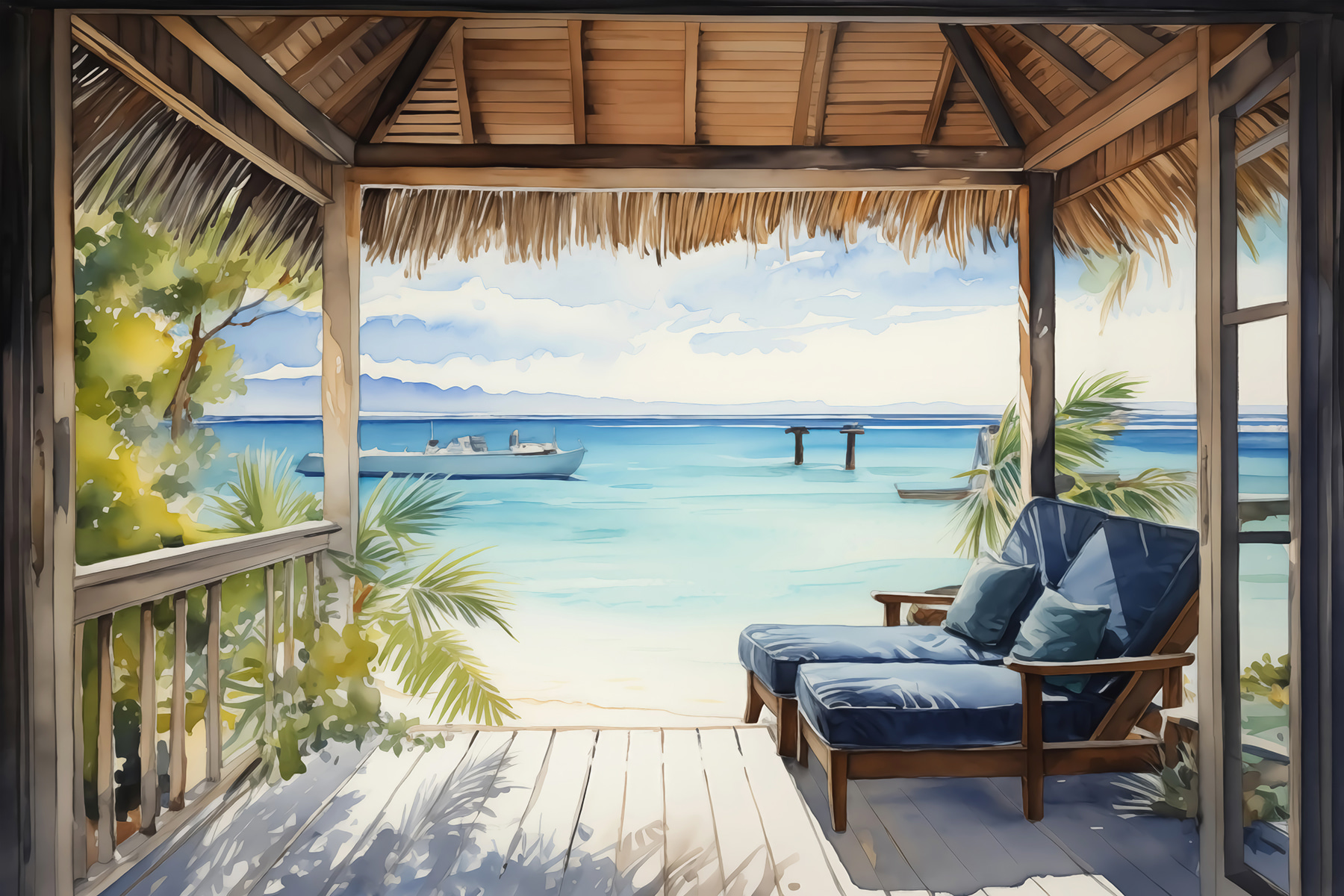 Watercolor painting of a beach with chairs and a boat Watercolor painting of a beach with chairs and a boat