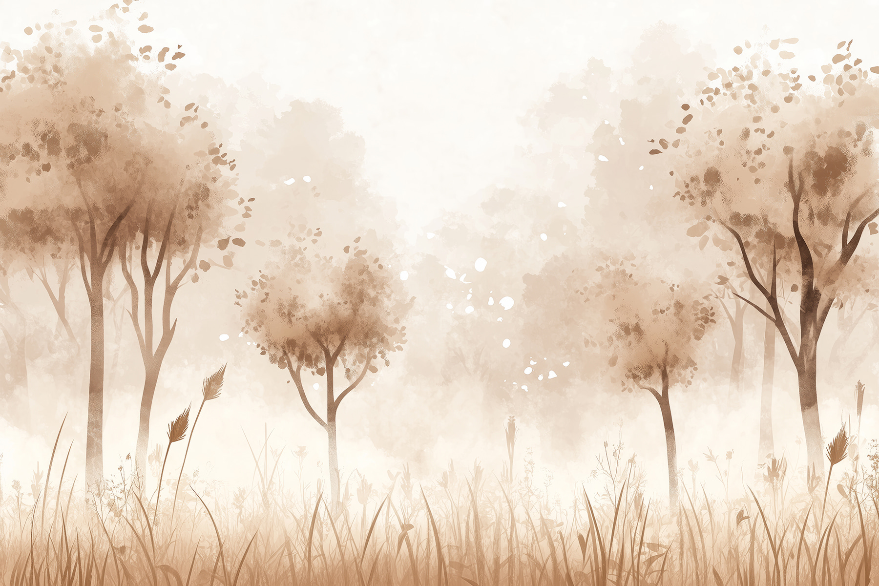 Foggy landscape with trees and grass