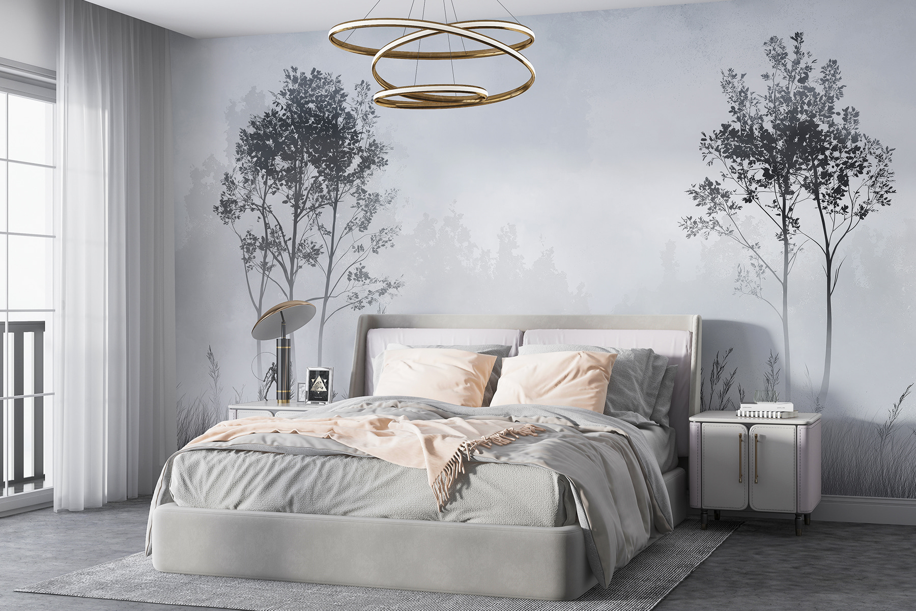 Foggy landscape with trees and grass Foggy landscape with trees and grass