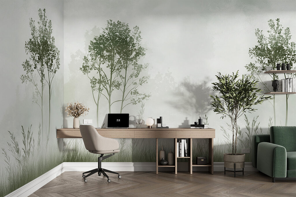 Foggy landscape with trees and grass Foggy landscape with trees and grass