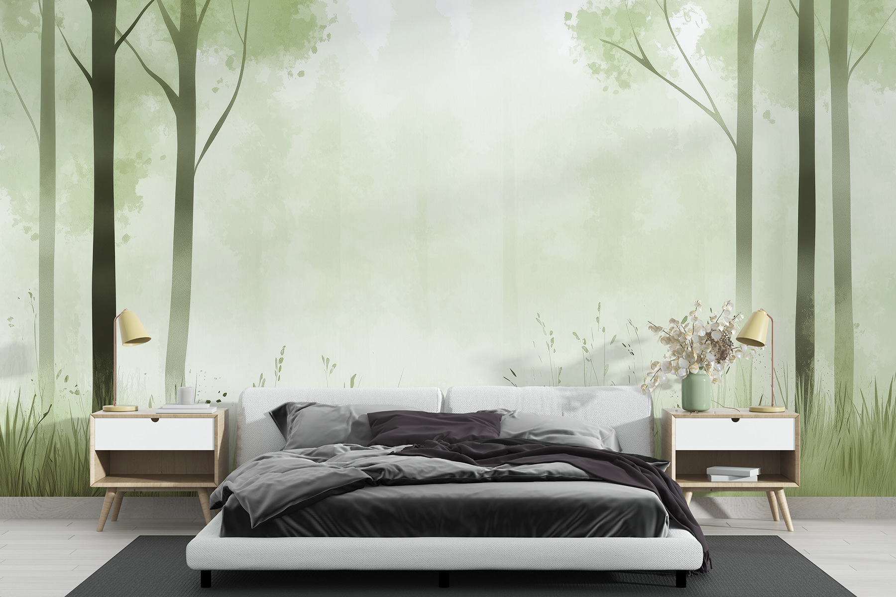 Foggy forest with trees and grass