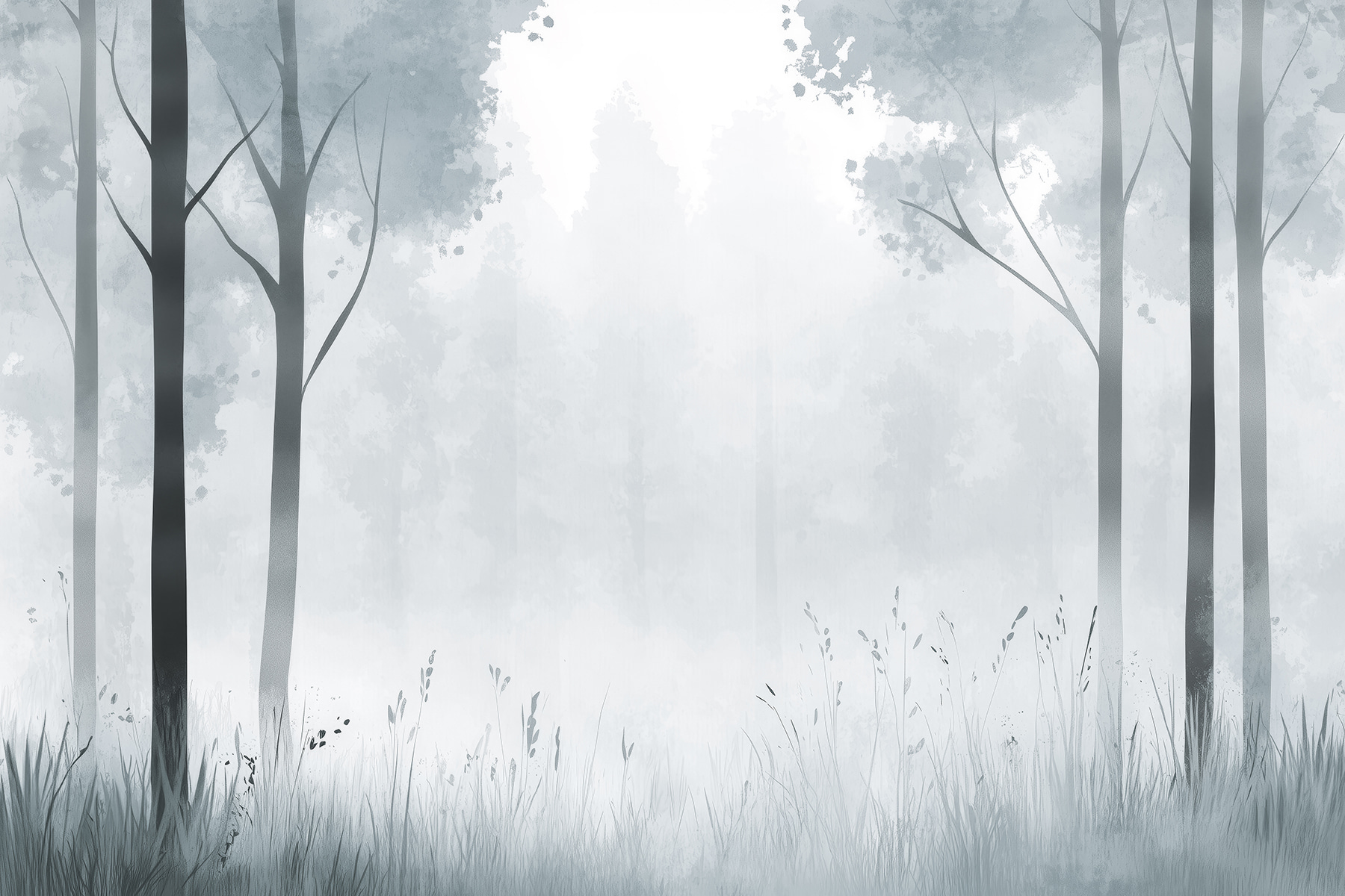 Foggy forest with trees and grass