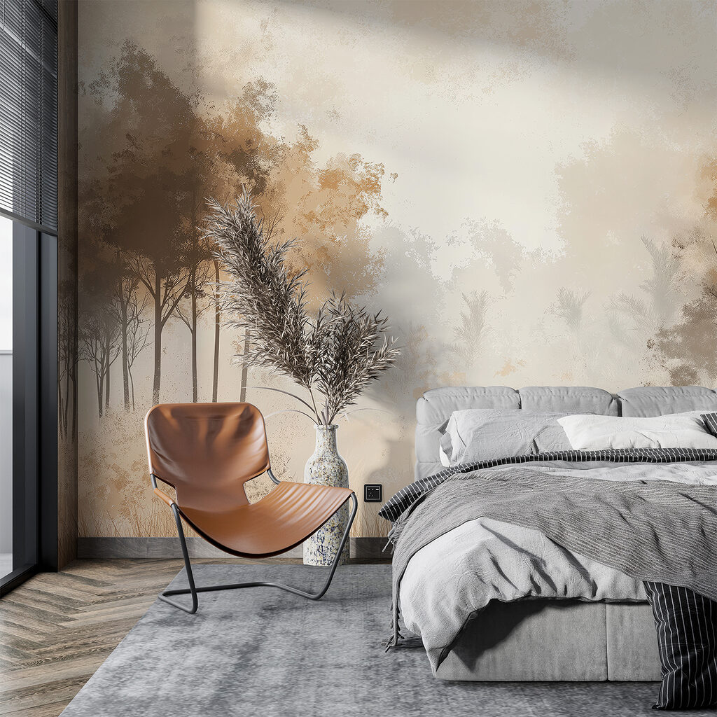 Foggy forest with trees and grass