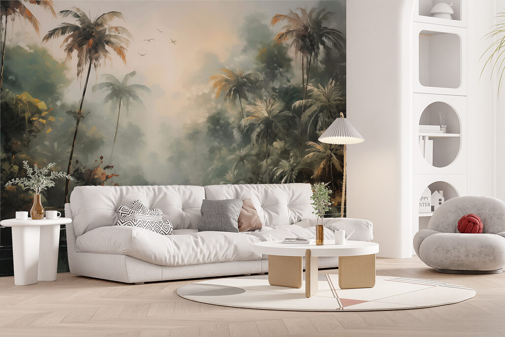 Water with palm trees and birds flying