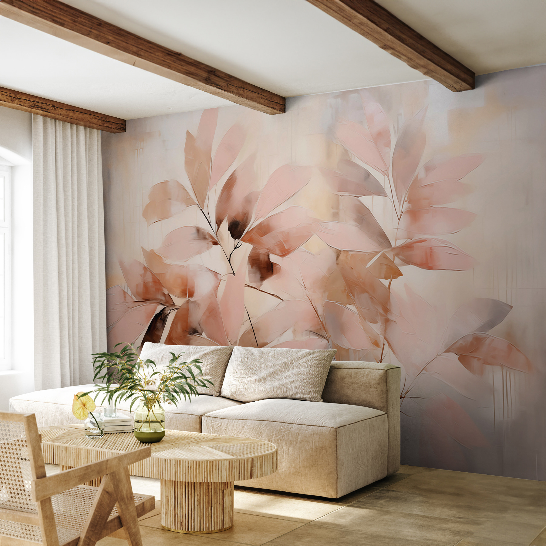 Painting of leaves on a white surface