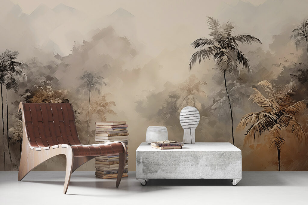 Painting of a forest with trees and fog