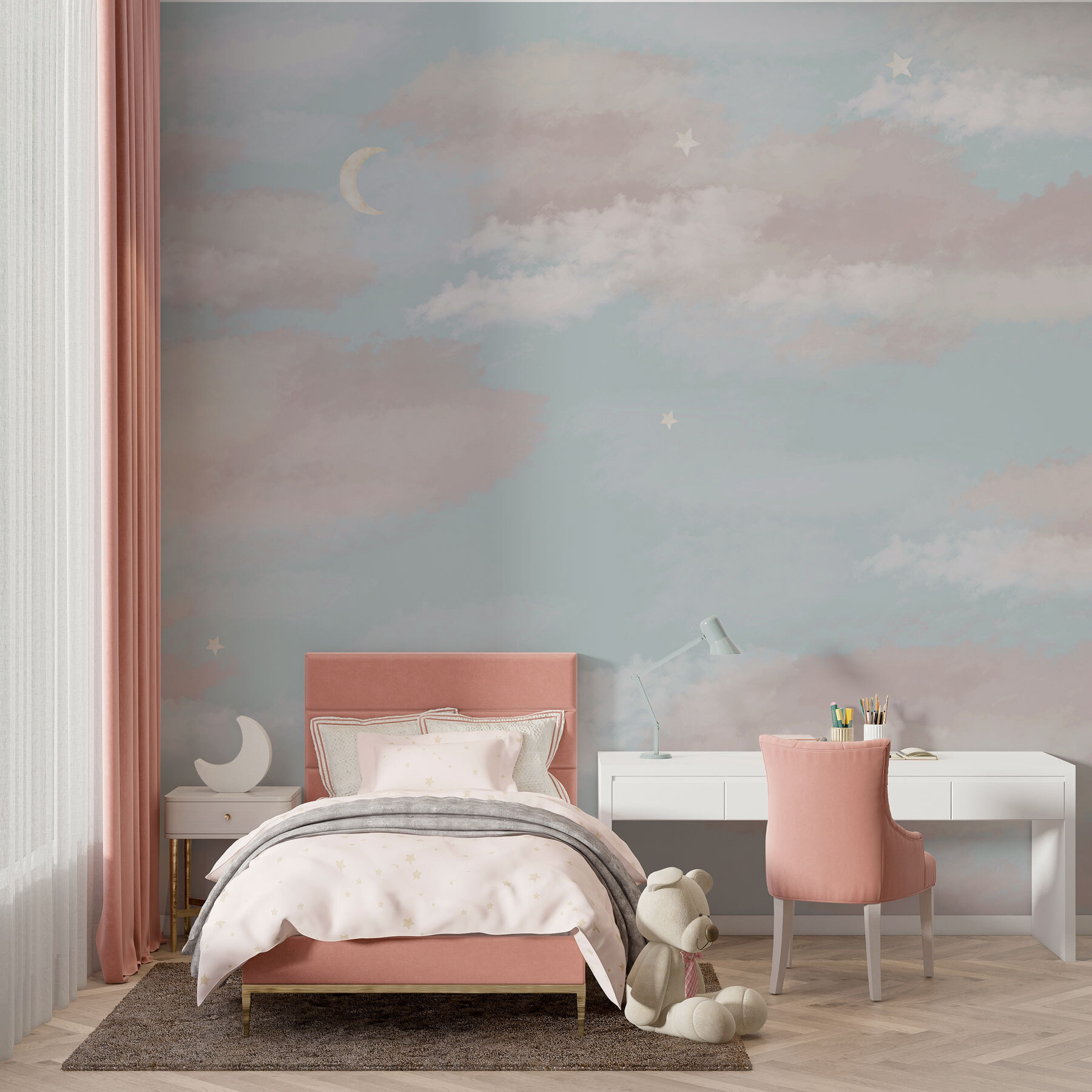 Blue sky with clouds and a crescent moon