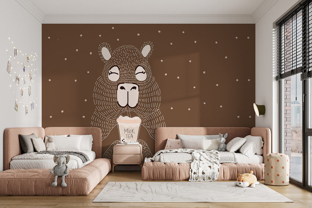 Cartoon animal holding a cup of milk tea