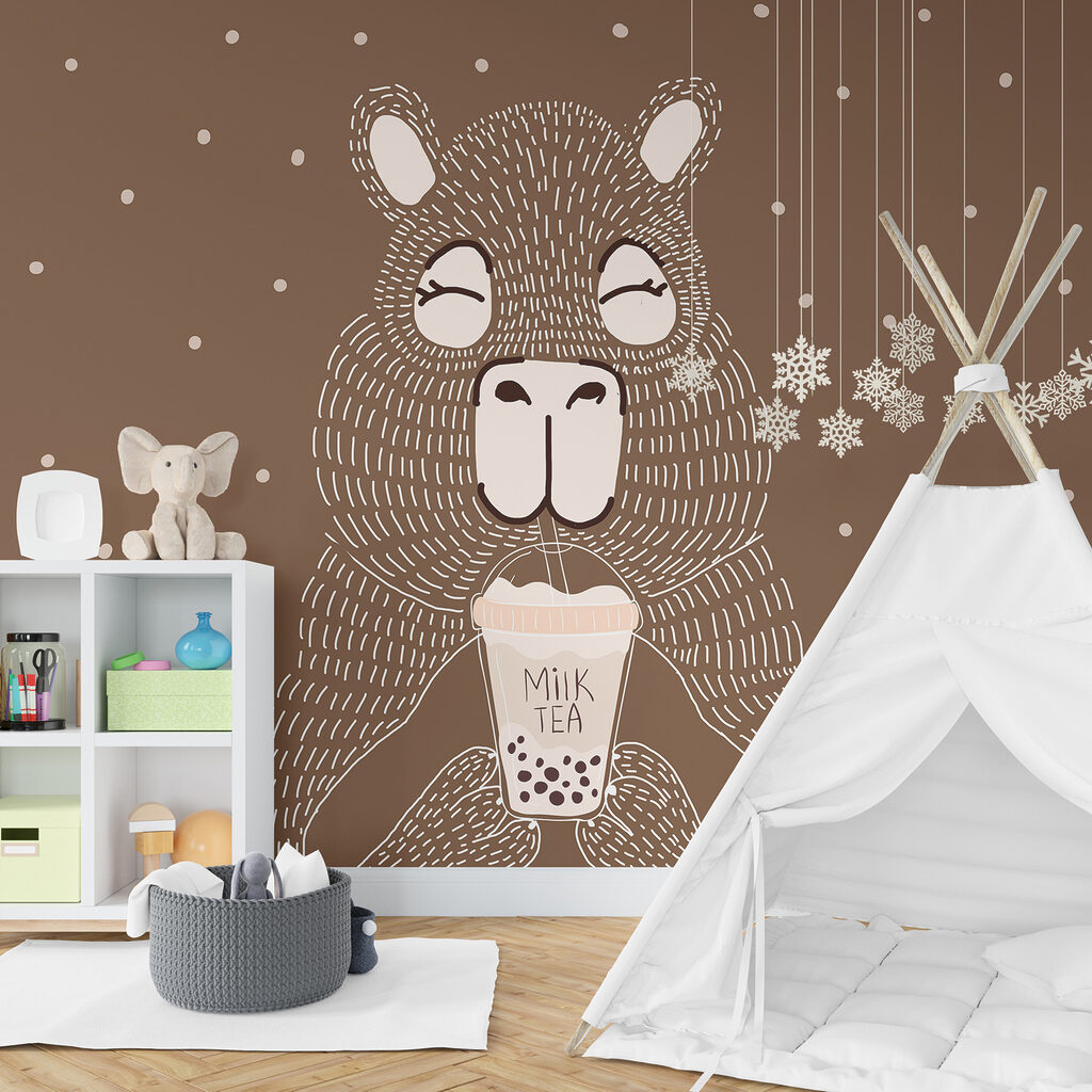 Cartoon animal holding a cup of milk tea