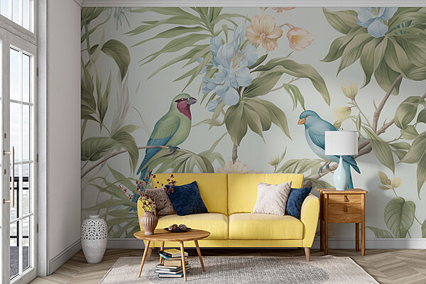Wallpaper with birds and flowers
