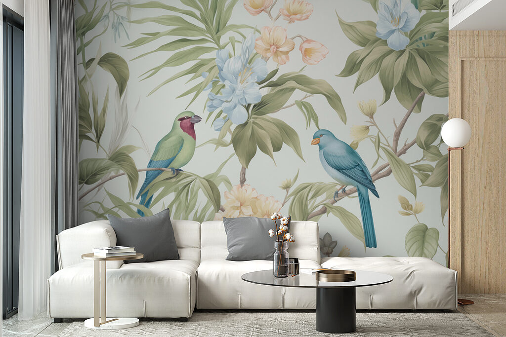 Wallpaper with birds and flowers