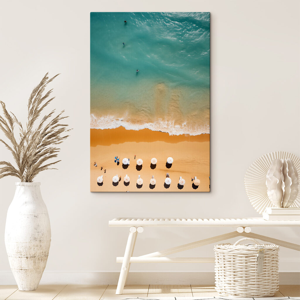 Group of people on a beach with umbrellas