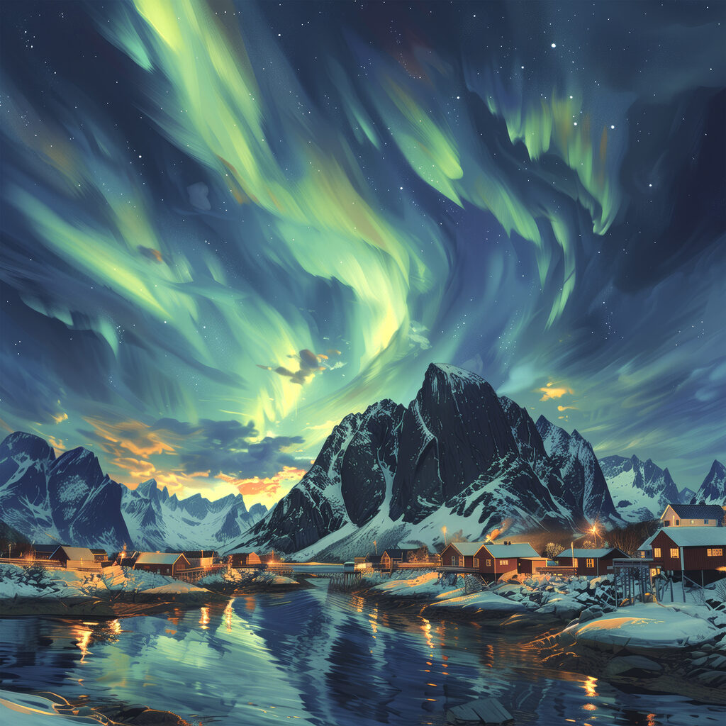 Landscape with a lake and houses in the snow