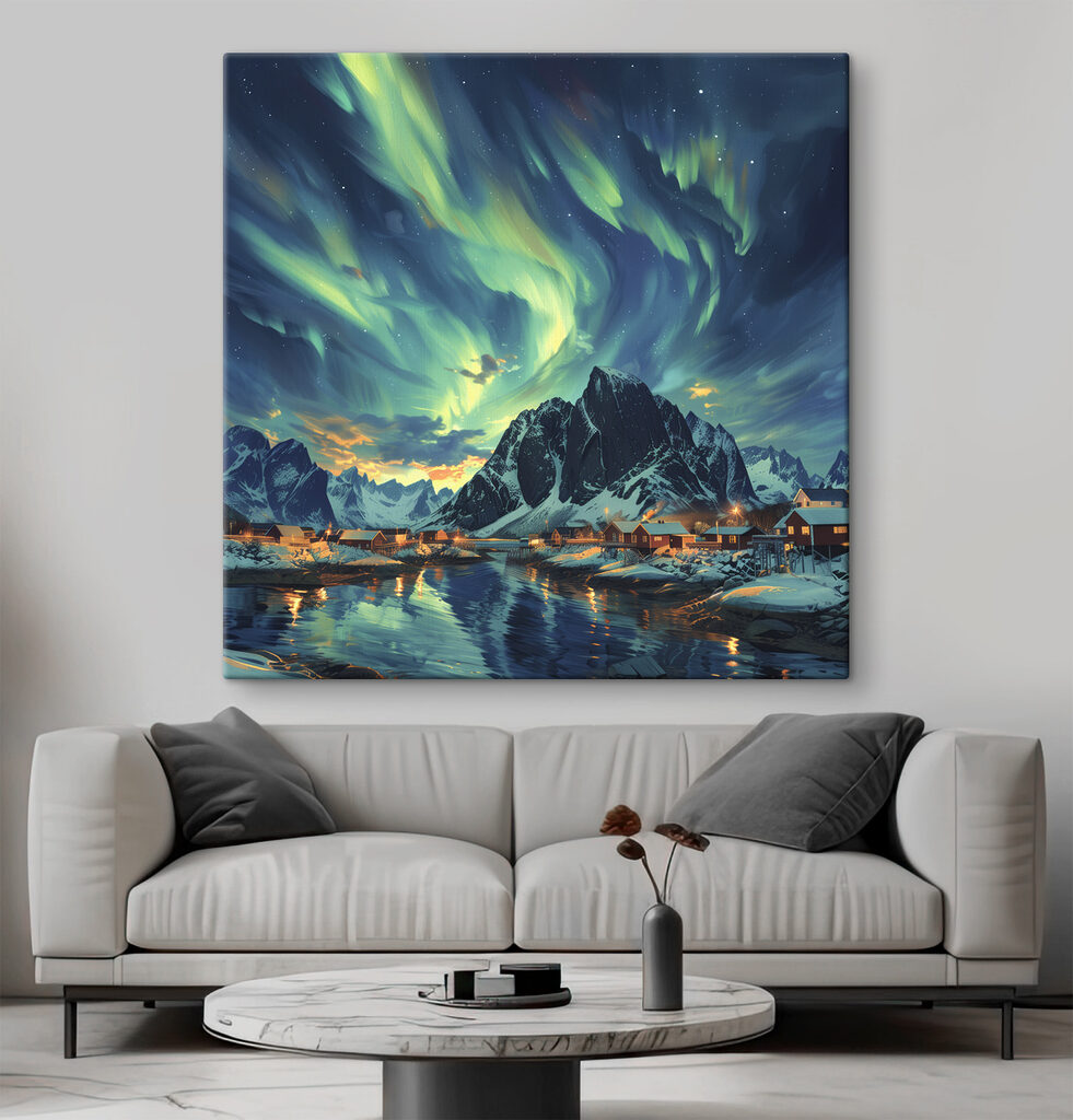 Landscape with a lake and houses in the snow