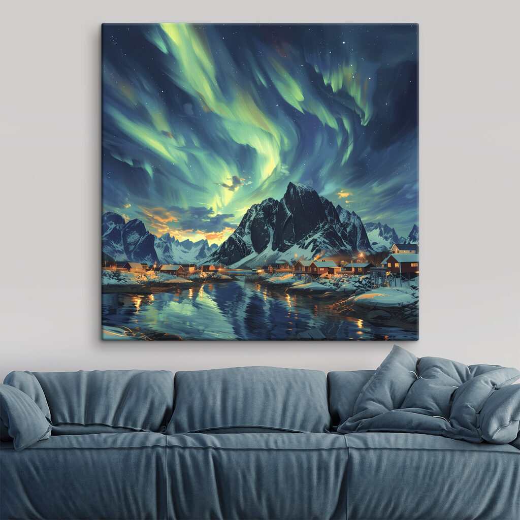 Landscape with a lake and houses in the snow