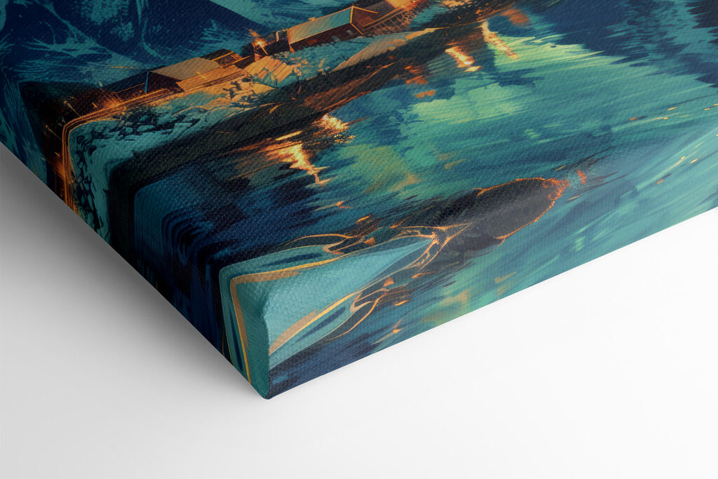 Landscape with a lake and houses in the snow