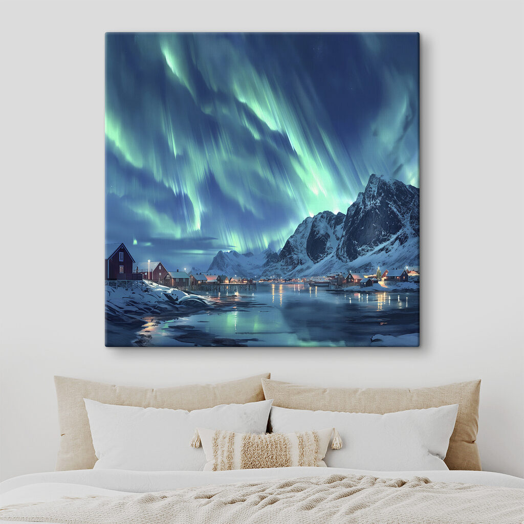 Aurora borealis over a snowy mountain